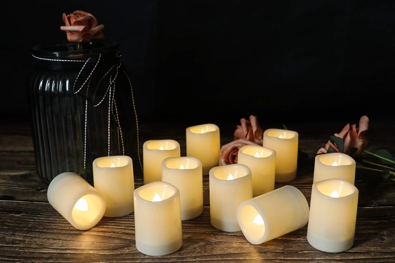 DRomance Outdoor Waterproof Flameless Votive Candles with Timer, Battery Operated LED Tealight Flickering Candles Warm Light Set of 12 Wedding Party Decor Plastic Candle(1.5 x 2 Inches) - Image 4